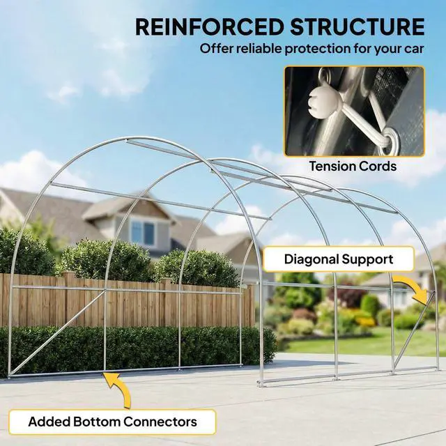 Alt view image 5 of 6 - 10' x 16' Carport, Heavy Duty Portable Garage Storage Tent with Large Zippered Door, Anti-UV PE Canopy Cover for Car, Truck, Boat, Motorcycle, Bike, Garden Tools, Outdoor Work, Beige