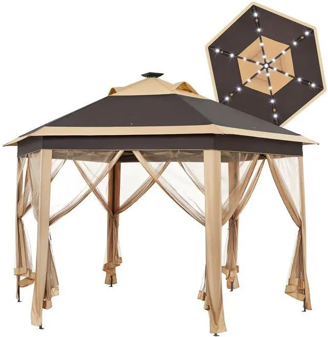 Main image of 13×13 Pop-Up Patio Gazebo Tent W/Mesh Netting Sides & 25 Solar LED Lights, Hexagonal Double Vented 3 Height Adjustable Gazebo with Storage Bag for Backyard, Garden, Lawn, Khaki & Brown
