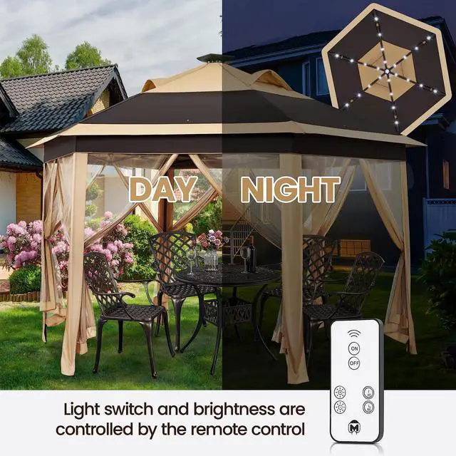 Alt view image 2 of 6 - 13×13 Pop-Up Patio Gazebo Tent W/Mesh Netting Sides & 25 Solar LED Lights, Hexagonal Double Vented 3 Height Adjustable Gazebo with Storage Bag for Backyard, Garden, Lawn, Khaki & Brown