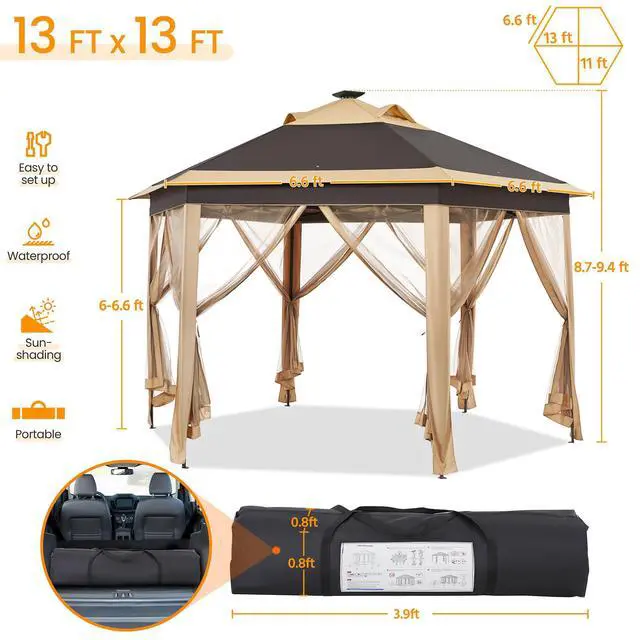 Alt view image 4 of 6 - 13×13 Pop-Up Patio Gazebo Tent W/Mesh Netting Sides & 25 Solar LED Lights, Hexagonal Double Vented 3 Height Adjustable Gazebo with Storage Bag for Backyard, Garden, Lawn, Khaki & Brown