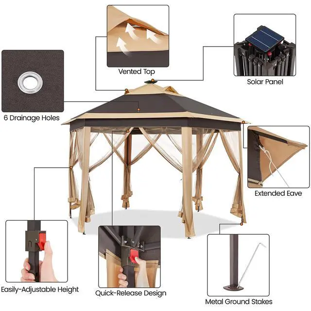 Alt view image 5 of 6 - 13×13 Pop-Up Patio Gazebo Tent W/Mesh Netting Sides & 25 Solar LED Lights, Hexagonal Double Vented 3 Height Adjustable Gazebo with Storage Bag for Backyard, Garden, Lawn, Khaki & Brown