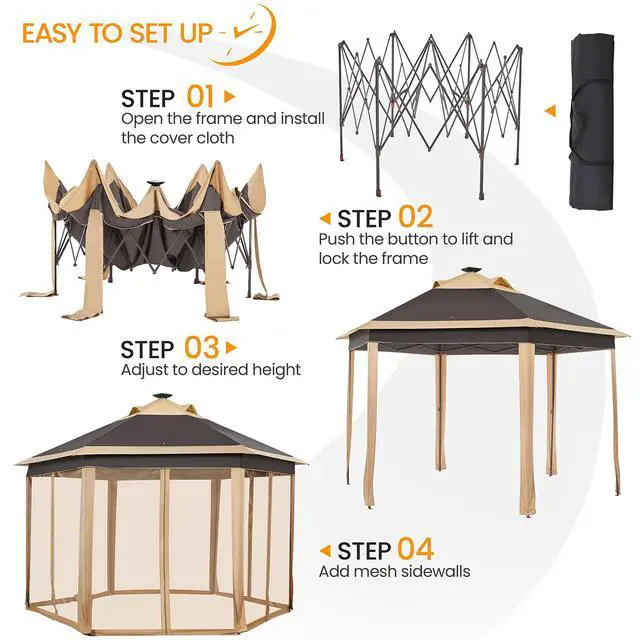Alt view image 6 of 6 - 13×13 Pop-Up Patio Gazebo Tent W/Mesh Netting Sides & 25 Solar LED Lights, Hexagonal Double Vented 3 Height Adjustable Gazebo with Storage Bag for Backyard, Garden, Lawn, Khaki & Brown