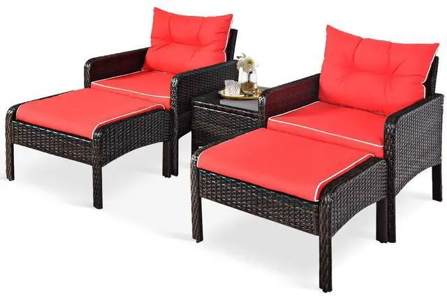 Main image of 5PCS Patio Furniture Set Outdoor Rattan Wicker Conversation Set with Coffee Table Cushioned Sofas and Ottoman Chat Set for Garden Backyard
