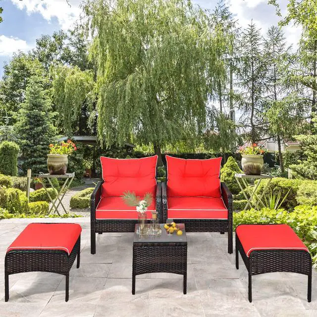 Alt view image 2 of 6 - 5PCS Patio Furniture Set Outdoor Rattan Wicker Conversation Set with Coffee Table Cushioned Sofas and Ottoman Chat Set for Garden Backyard