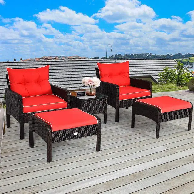 Alt view image 3 of 6 - 5PCS Patio Furniture Set Outdoor Rattan Wicker Conversation Set with Coffee Table Cushioned Sofas and Ottoman Chat Set for Garden Backyard
