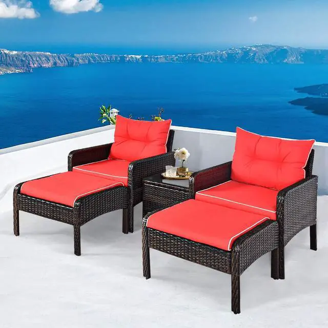 Alt view image 4 of 6 - 5PCS Patio Furniture Set Outdoor Rattan Wicker Conversation Set with Coffee Table Cushioned Sofas and Ottoman Chat Set for Garden Backyard