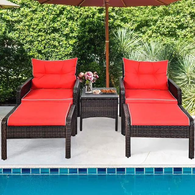 Alt view image 5 of 6 - 5PCS Patio Furniture Set Outdoor Rattan Wicker Conversation Set with Coffee Table Cushioned Sofas and Ottoman Chat Set for Garden Backyard