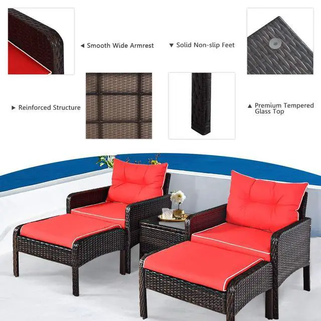 Alt view image 6 of 6 - 5PCS Patio Furniture Set Outdoor Rattan Wicker Conversation Set with Coffee Table Cushioned Sofas and Ottoman Chat Set for Garden Backyard