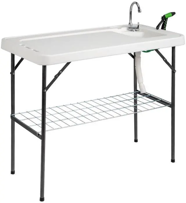 Main image of Upgarded Folding Fish Cleaning Table with Sink, Portable Camping Sink Table with Grid Rack & Sprayer, Fish Fillet Cutting Table with Drainage Hose for Patio Backyard BBQ