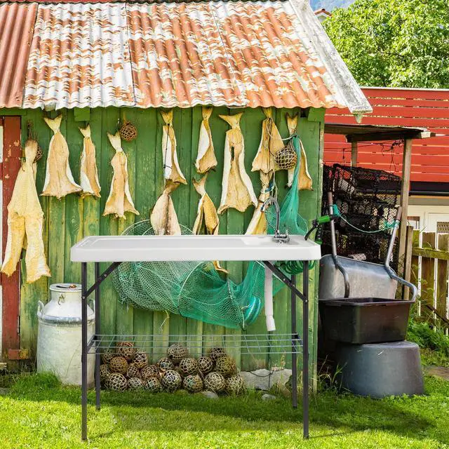 Alt view image 2 of 6 - Upgarded Folding Fish Cleaning Table with Sink, Portable Camping Sink Table with Grid Rack & Sprayer, Fish Fillet Cutting Table with Drainage Hose for Patio Backyard BBQ