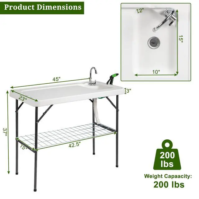 Alt view image 3 of 6 - Upgarded Folding Fish Cleaning Table with Sink, Portable Camping Sink Table with Grid Rack & Sprayer, Fish Fillet Cutting Table with Drainage Hose for Patio Backyard BBQ