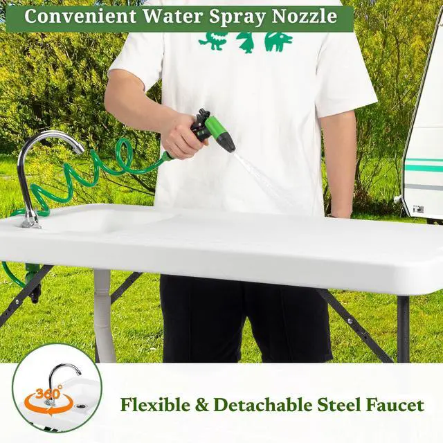 Alt view image 4 of 6 - Upgarded Folding Fish Cleaning Table with Sink, Portable Camping Sink Table with Grid Rack & Sprayer, Fish Fillet Cutting Table with Drainage Hose for Patio Backyard BBQ