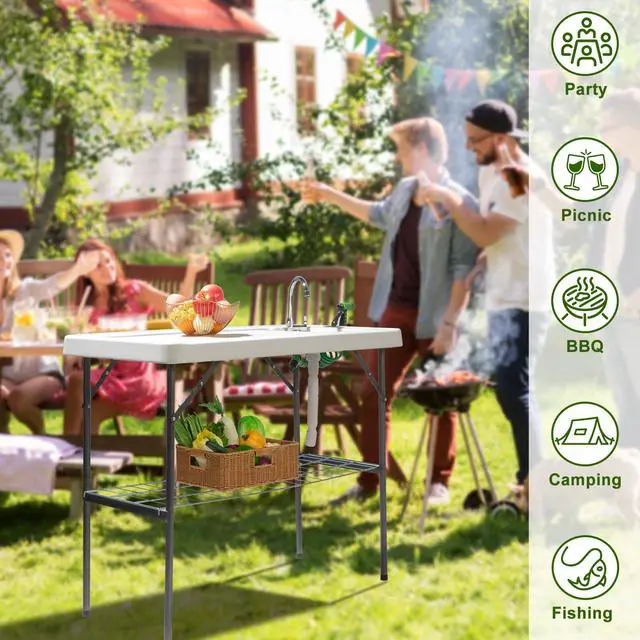 Alt view image 6 of 6 - Upgarded Folding Fish Cleaning Table with Sink, Portable Camping Sink Table with Grid Rack & Sprayer, Fish Fillet Cutting Table with Drainage Hose for Patio Backyard BBQ