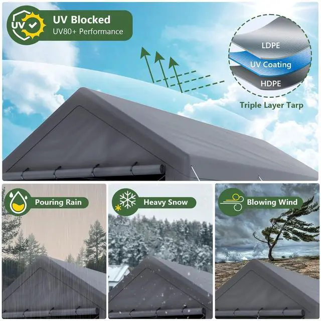 Alt view image 2 of 6 - Carport 10x20 Ft Heavy Duty Canopy Steel Canopy Storage Shed,Portable Garage Party Tent,Portable Garage with Removable Sidewalls & Doors All-Season Tarp for Carport (Grey)