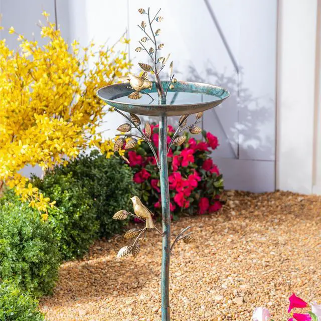 Alt view image 2 of 3 - Evergreen Cast Metal Outdoor Garden Bird Bath and Feeder on Pedestal | Birds on Leafy Branch | 37.5 inches Tall | Antique Finish | Round Bowl Outside Rustic Decor Patio Porch Deck
