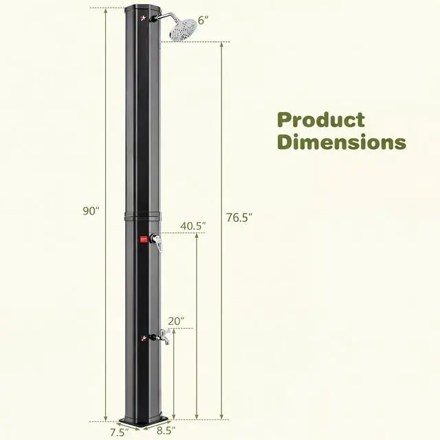Alt view image 2 of 6 - 7.5 FT 15.9 Gallon Solar Heated Outdoor Shower, Swimming Pool Showers with 360° Shower Head and Foot Tap Spigot, Outdoor Shower for Backyard, Poolside, Beach Spa