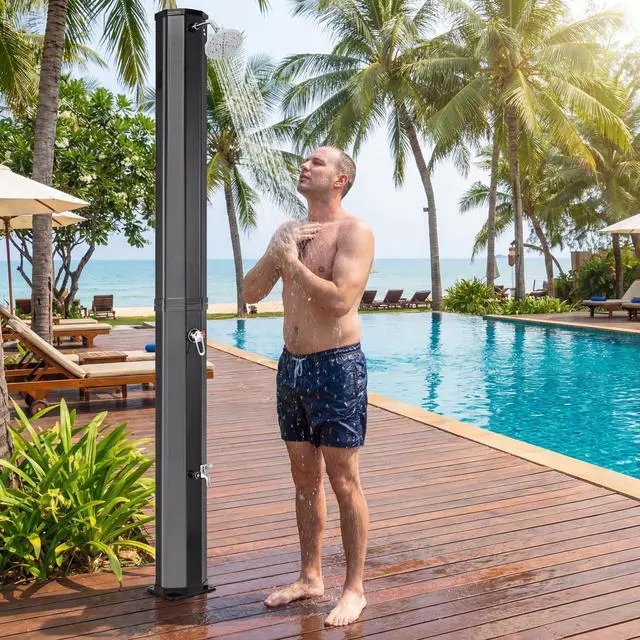 Alt view image 3 of 6 - 7.5 FT 15.9 Gallon Solar Heated Outdoor Shower, Swimming Pool Showers with 360° Shower Head and Foot Tap Spigot, Outdoor Shower for Backyard, Poolside, Beach Spa