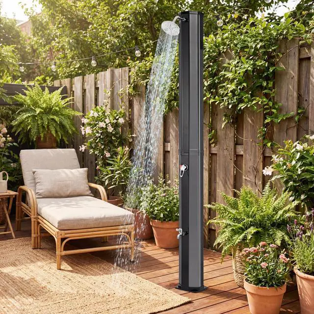 Alt view image 4 of 6 - 7.5 FT 15.9 Gallon Solar Heated Outdoor Shower, Swimming Pool Showers with 360° Shower Head and Foot Tap Spigot, Outdoor Shower for Backyard, Poolside, Beach Spa