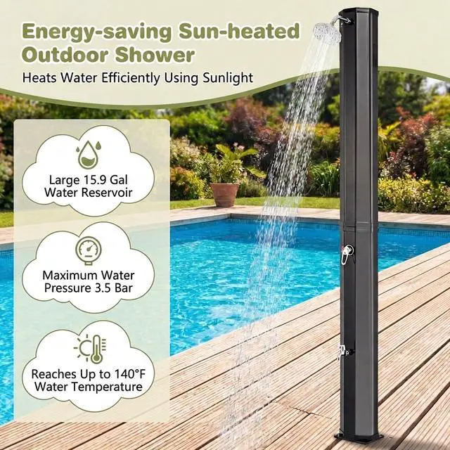 Alt view image 5 of 6 - 7.5 FT 15.9 Gallon Solar Heated Outdoor Shower, Swimming Pool Showers with 360° Shower Head and Foot Tap Spigot, Outdoor Shower for Backyard, Poolside, Beach Spa
