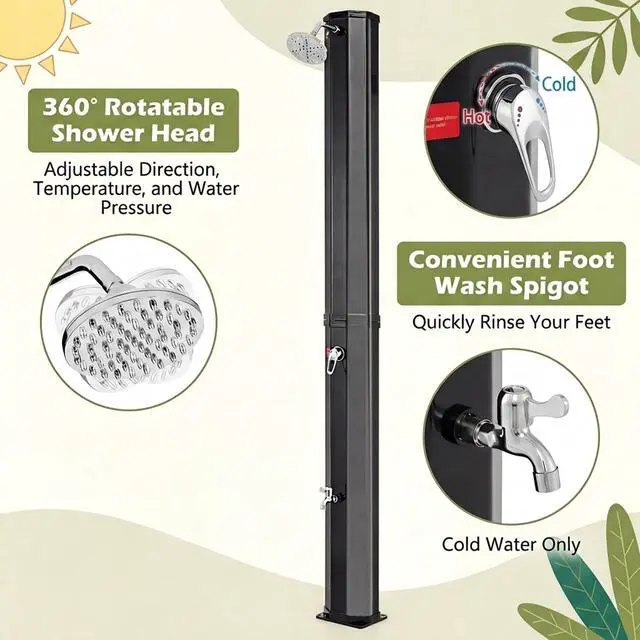 Alt view image 6 of 6 - 7.5 FT 15.9 Gallon Solar Heated Outdoor Shower, Swimming Pool Showers with 360° Shower Head and Foot Tap Spigot, Outdoor Shower for Backyard, Poolside, Beach Spa