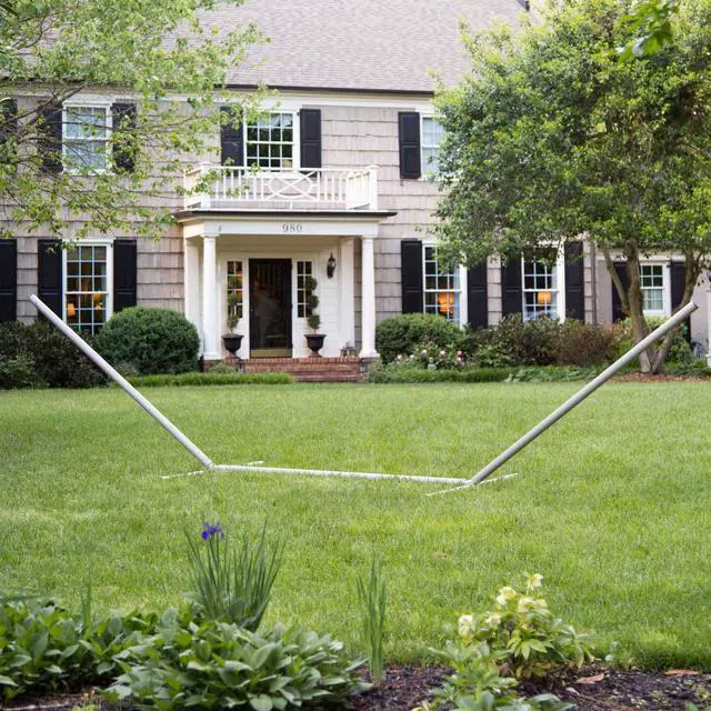 Alt view image 3 of 3 - 15 ft. Tri-Beam Steel Hammock Stand with Right Connection Design and Cape Shield Powder Coating, 600 LB Weight Capacity, Handcrafted in The USA - Taupe