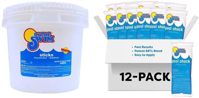 Main image of Chlorine and Shock Bundle for Sanitizing Swimming Pools Includes 25 Pound Bucket of 4-Inch Chlorine Sticks and 12 x 1 Pound Bags of 68% Cal-Hypo Pool Shock