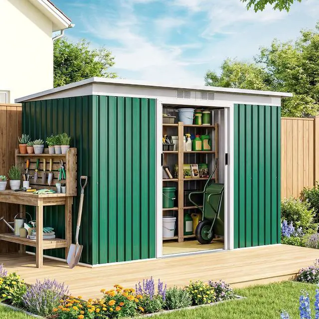 Main image of 9' x 4' Outdoor Storage Shed, Metal Garden Tool House with Sloping Roof and Lockable Door for Backyard, Bike, Patio, Garage, Lawn, Green