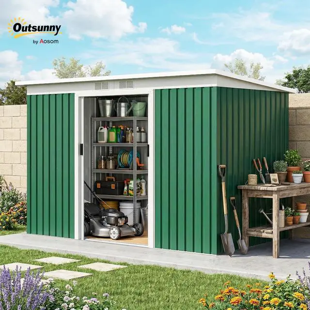 Alt view image 2 of 6 - 9' x 4' Outdoor Storage Shed, Metal Garden Tool House with Sloping Roof and Lockable Door for Backyard, Bike, Patio, Garage, Lawn, Green