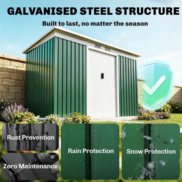 Alt view image 3 of 6 - 9' x 4' Outdoor Storage Shed, Metal Garden Tool House with Sloping Roof and Lockable Door for Backyard, Bike, Patio, Garage, Lawn, Green