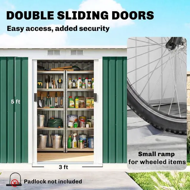 Alt view image 4 of 6 - 9' x 4' Outdoor Storage Shed, Metal Garden Tool House with Sloping Roof and Lockable Door for Backyard, Bike, Patio, Garage, Lawn, Green