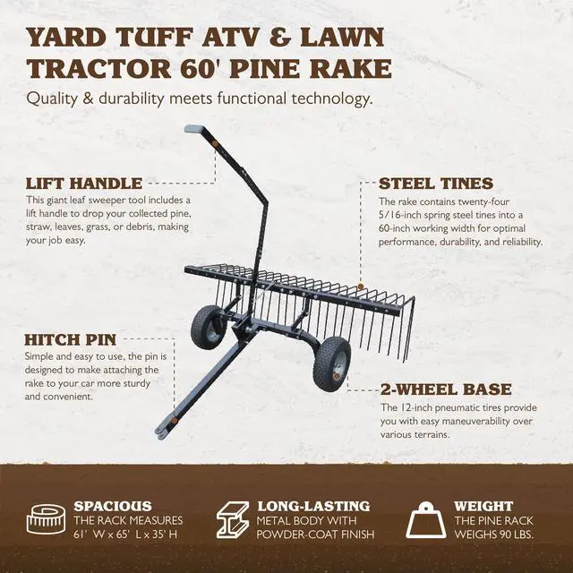 Alt view image 3 of 6 - Pine Straw Rake, Steel Lawn Sweeper with 24 Spring Tines, 60-Inch - Leaf Collector Attachment with Pin Hitch for ATV, UTV or Utility Tractor