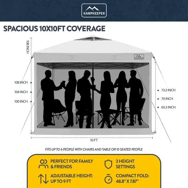 Alt view image 2 of 6 - 10x10 Pop-Up Canopy Tent, Waterproof Portable Shade with Screen Walls, Adjustable Instant Outdoor Shelter for Camping, Backyard, and Events, White