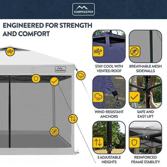 Alt view image 3 of 6 - 10x10 Pop-Up Canopy Tent, Waterproof Portable Shade with Screen Walls, Adjustable Instant Outdoor Shelter for Camping, Backyard, and Events, White