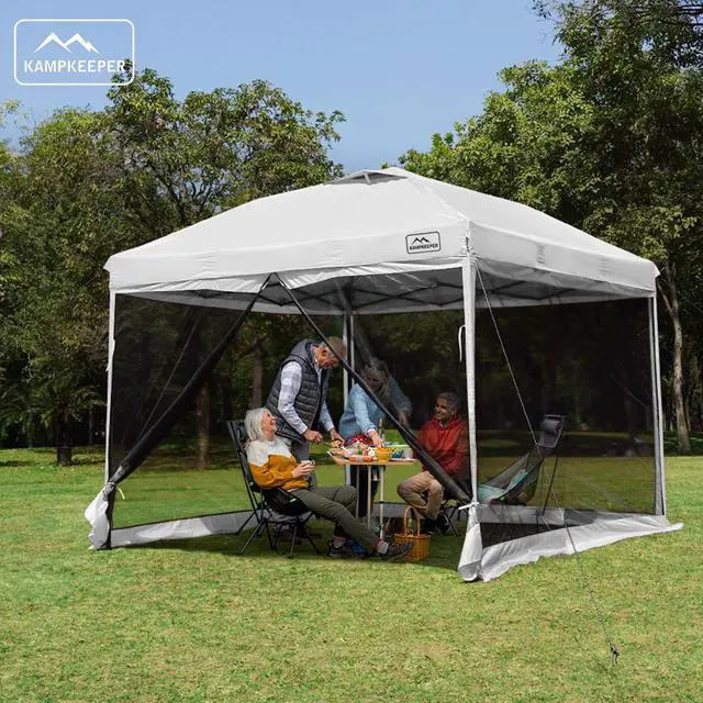 Alt view image 6 of 6 - 10x10 Pop-Up Canopy Tent, Waterproof Portable Shade with Screen Walls, Adjustable Instant Outdoor Shelter for Camping, Backyard, and Events, White