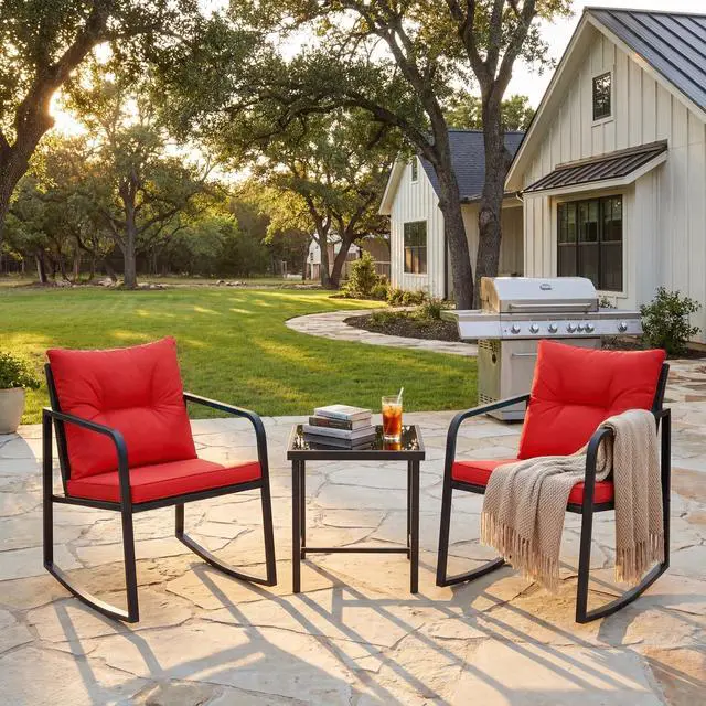Alt view image 5 of 6 - Patio Chairs 3 Piece Wicker Rocking Chair Outdoor Bistro Sets with Coffee Table and Cushions Metal Frame Patio Furniture for Porch, Balcony, Lawn (Red)
