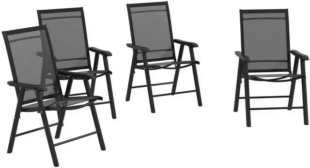 Main image of Set of 4 Patio Folding Chairs, Stackable Outdoor Sling Patio Dining Chairs with Armrests for Lawn, Camping, Dining, Beach, Metal Frame, No Assembly, Black