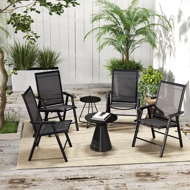 Alt view image 2 of 6 - Set of 4 Patio Folding Chairs, Stackable Outdoor Sling Patio Dining Chairs with Armrests for Lawn, Camping, Dining, Beach, Metal Frame, No Assembly, Black