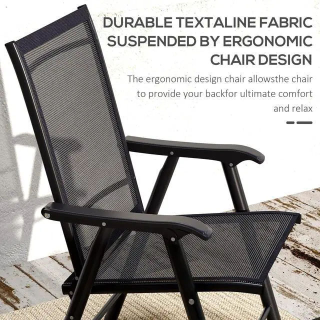 Alt view image 4 of 6 - Set of 4 Patio Folding Chairs, Stackable Outdoor Sling Patio Dining Chairs with Armrests for Lawn, Camping, Dining, Beach, Metal Frame, No Assembly, Black