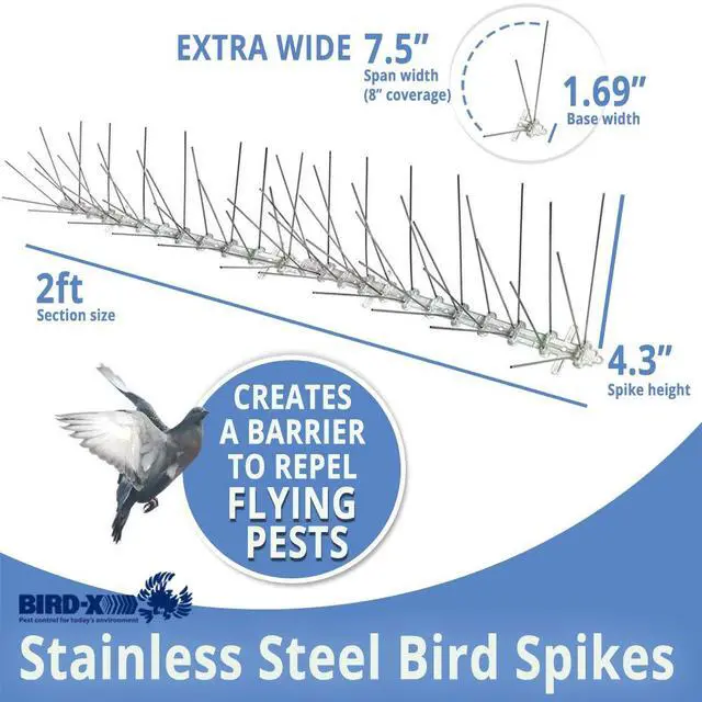 Alt view image 2 of 3 - Stainless Steel Bird Spikes, 8-inch Extra-Wide Spikes, Bird Spikes for Pigeons and Other Small Birds, Easy to Install, Contains 2 ft. Strips, Covers 50 Linear Feet Area, EWS-50