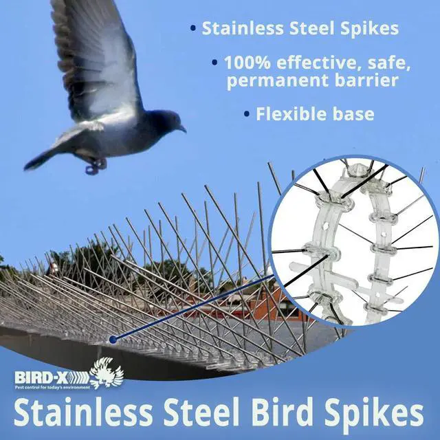 Alt view image 3 of 3 - Stainless Steel Bird Spikes, 8-inch Extra-Wide Spikes, Bird Spikes for Pigeons and Other Small Birds, Easy to Install, Contains 2 ft. Strips, Covers 50 Linear Feet Area, EWS-50