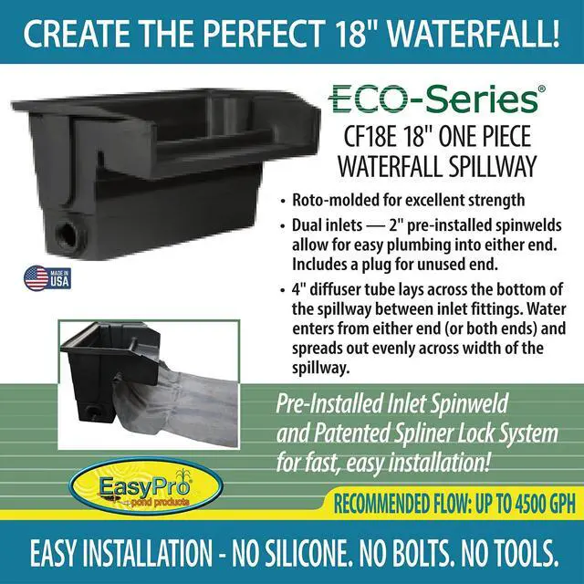 Alt view image 2 of 5 - CF18E Eco-Series 18 Waterfall Spillway is Ideal for Just-A-Falls Water Features. Connect Liner Without Tools. 2-2 Installed Spinweld Inlets. Up to 3400 to 4500 GPH Flow