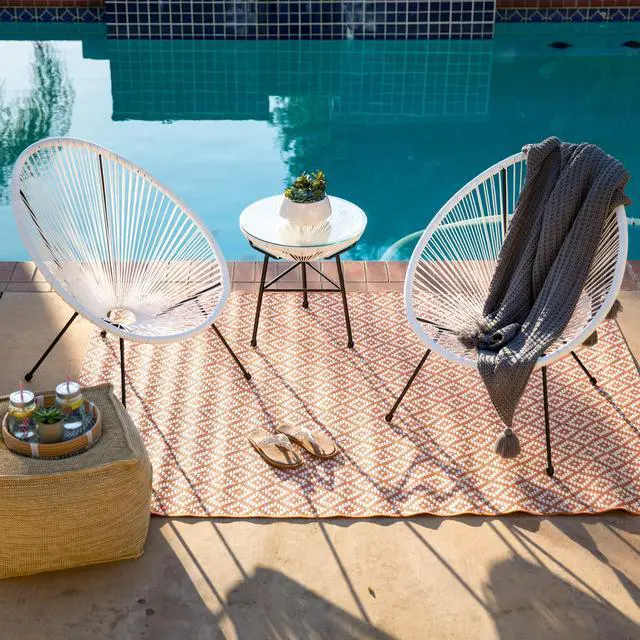 Alt view image 2 of 6 - 3-Piece Outdoor Acapulco All-Weather Patio Conversation Bistro Set w/Plastic Rope, Glass Top Table and 2 Chairs - White