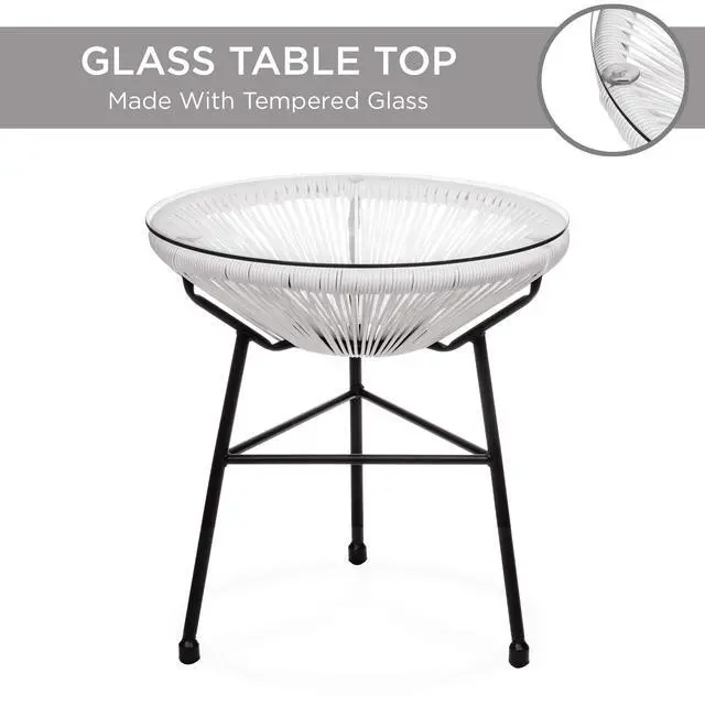 Alt view image 5 of 6 - 3-Piece Outdoor Acapulco All-Weather Patio Conversation Bistro Set w/Plastic Rope, Glass Top Table and 2 Chairs - White