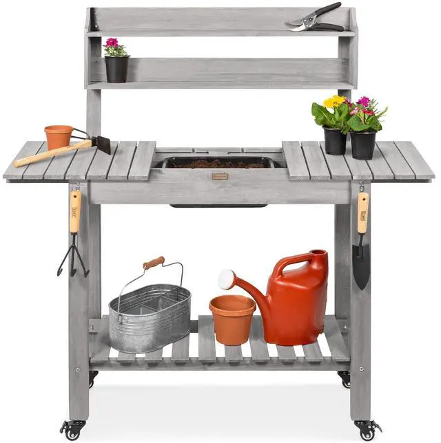 Main image of Mobile Garden Potting Bench, Outdoor Wood Workstation Table w/Sliding Tabletop, 4 Locking Wheels, Food Grade Dry Sink, Storage Shelves - Gray