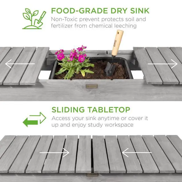 Alt view image 2 of 6 - Mobile Garden Potting Bench, Outdoor Wood Workstation Table w/Sliding Tabletop, 4 Locking Wheels, Food Grade Dry Sink, Storage Shelves - Gray