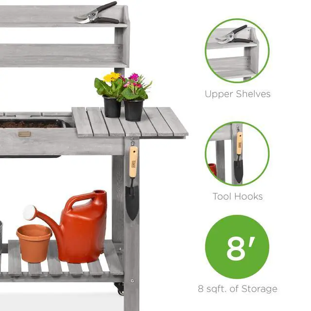 Alt view image 3 of 6 - Mobile Garden Potting Bench, Outdoor Wood Workstation Table w/Sliding Tabletop, 4 Locking Wheels, Food Grade Dry Sink, Storage Shelves - Gray