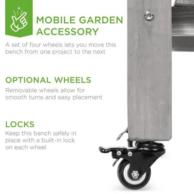 Alt view image 4 of 6 - Mobile Garden Potting Bench, Outdoor Wood Workstation Table w/Sliding Tabletop, 4 Locking Wheels, Food Grade Dry Sink, Storage Shelves - Gray