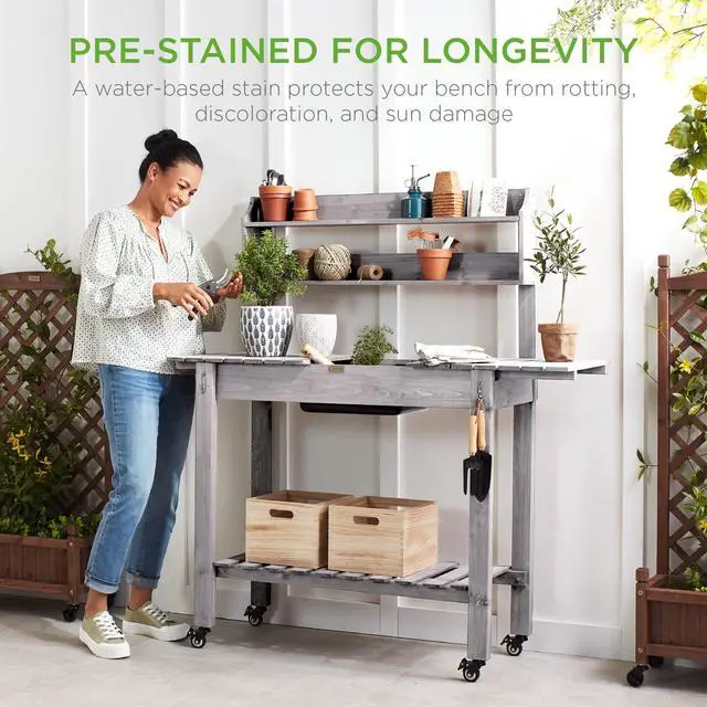 Alt view image 6 of 6 - Mobile Garden Potting Bench, Outdoor Wood Workstation Table w/Sliding Tabletop, 4 Locking Wheels, Food Grade Dry Sink, Storage Shelves - Gray