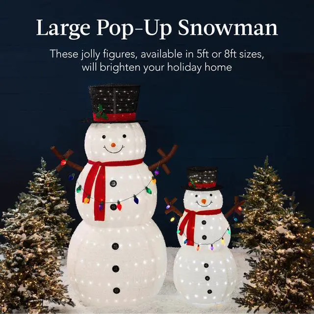 Alt view image 3 of 6 - 8ft Lighted Pop-Up Snowman, Large White Outdoor Christmas Holiday Decoration w/ 350 LED Lights, Hat, Scarf, Multicolored Lights