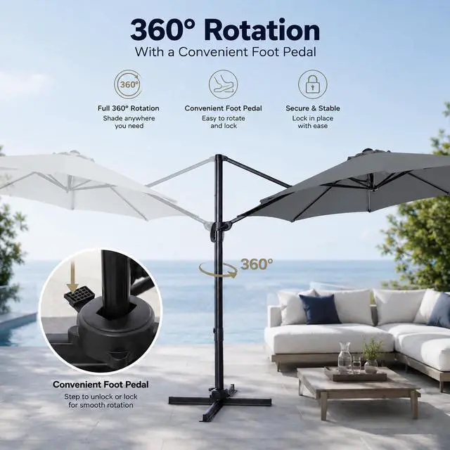 Alt view image 3 of 6 - Patio Umbrella Outdoor,10 Feet Cantilever Umbrella Aluminum Offset Umbrella with 360-degree Rotation for Backyard, Pool, Lawn, Deck (Round, Gray)